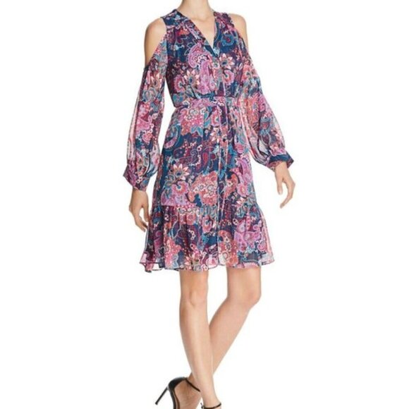 Aqua Women's Boho Dress Size M Floral Cold Shoulder Sheer Sleeves V-Neck Pockets - Picture 2 of 12